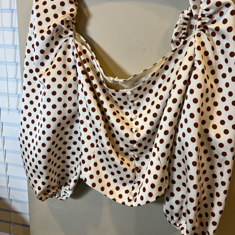 New York & Company Cream and Brown Polka Dot Blouse